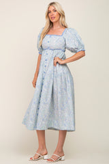 Light Blue Floral Front Button Scallop Accent Midi Dress