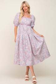 Lavender Floral Front Button Scallop Accent Midi Dress