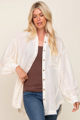 Beige Linen Collared Button Up Raw Edge Top