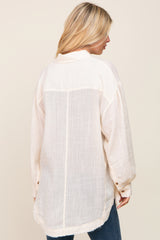 Beige Linen Collared Button Up Raw Edge Top