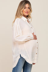 Beige Linen Collared Button Up Raw Edge Maternity Top