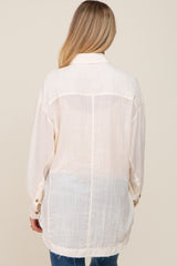 Beige Linen Collared Button Up Raw Edge Maternity Top