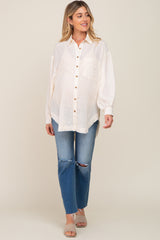 Beige Linen Collared Button Up Raw Edge Maternity Top