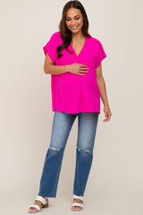 Fuchsia Oversized V-Neck Maternity Blouse