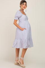 Light Blue Pinstriped Sweetheart Neck Maternity Midi Dress