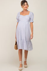 Light Blue Pinstriped Sweetheart Neck Maternity Midi Dress