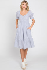 Light Blue Pinstriped Sweetheart Neck Midi Dress