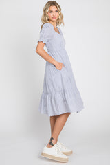 Light Blue Pinstriped Sweetheart Neck Midi Dress