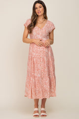 Pink Floral Tiered Button Down Maternity Midi Dress