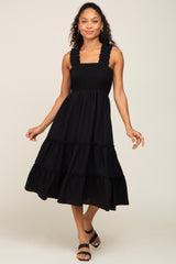 Black Smocked Square Neck Ruffle Strap Tiered Maternity Midi Dress