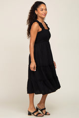 Black Smocked Square Neck Ruffle Strap Tiered Midi Dress