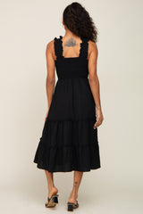 Black Smocked Square Neck Ruffle Strap Tiered Midi Dress