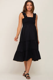 Black Smocked Square Neck Ruffle Strap Tiered Maternity Midi Dress