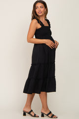 Black Smocked Square Neck Ruffle Strap Tiered Maternity Midi Dress