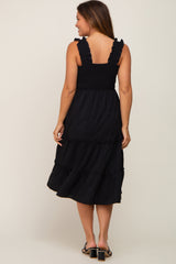 Black Smocked Square Neck Ruffle Strap Tiered Maternity Midi Dress