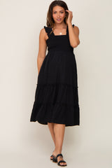 Black Smocked Square Neck Ruffle Strap Tiered Maternity Midi Dress