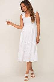 White Smocked Square Neck Ruffle Strap Tiered Maternity Midi Dress