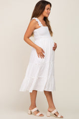 White Smocked Square Neck Ruffle Strap Tiered Maternity Midi Dress