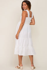 White Smocked Square Neck Ruffle Strap Tiered Maternity Midi Dress