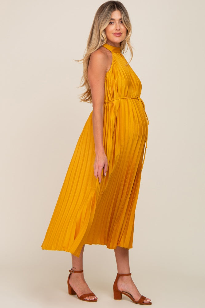 Yellow Pleated Maternity Halter Dress– PinkBlush