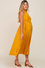 Yellow Pleated Maternity Halter Dress