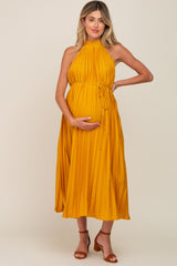 Yellow Pleated Maternity Halter Dress