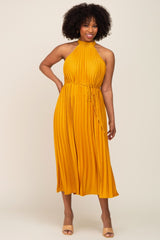 Yellow Pleated Maternity Halter Dress