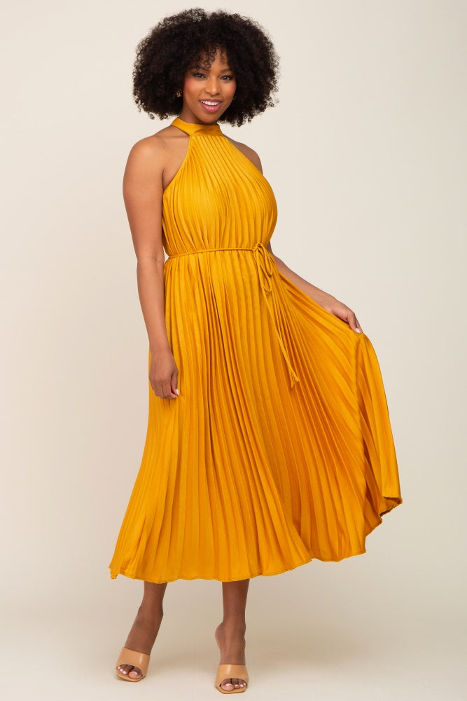 Yellow Pleated Maternity Halter Dress– PinkBlush