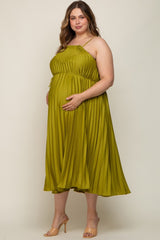 Lime Pleated Sleeveless Waist Tie Maternity Plus Maxi Dress