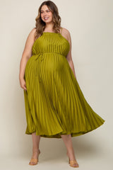 Lime Pleated Sleeveless Waist Tie Maternity Plus Maxi Dress