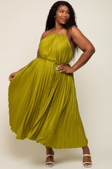 Lime Pleated Sleeveless Waist Tie Maternity Plus Maxi Dress