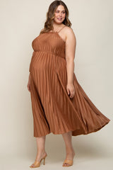 Mocha Pleated Sleeveless Waist Tie Maternity Plus Maxi Dress