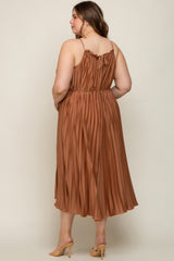 Mocha Pleated Sleeveless Waist Tie Maternity Plus Maxi Dress