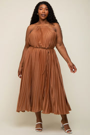 Mocha Pleated Sleeveless Waist Tie Plus Maxi Dress