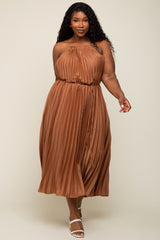 Mocha Pleated Sleeveless Waist Tie Plus Maxi Dress