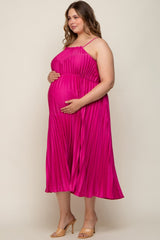 Fuchsia Pleated Sleeveless Waist Tie Maternity Plus Maxi Dress