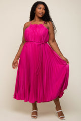 Fuchsia Pleated Sleeveless Waist Tie Plus Maxi Dress