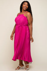 Fuchsia Pleated Sleeveless Waist Tie Plus Maxi Dress