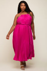 Fuchsia Pleated Sleeveless Waist Tie Plus Maxi Dress