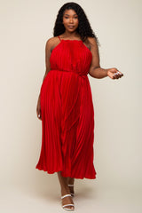 Red Pleated Sleeveless Waist Tie Plus Maxi Dress