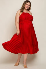 Red Pleated Sleeveless Waist Tie Maternity Plus Maxi Dress