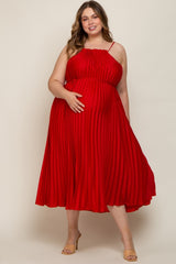 Red Pleated Sleeveless Waist Tie Maternity Plus Maxi Dress