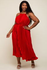 Red Pleated Sleeveless Waist Tie Maternity Plus Maxi Dress