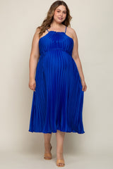 Royal Blue Pleated Sleeveless Waist Tie Maternity Plus Maxi Dress