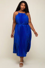 Royal Blue Pleated Sleeveless Waist Tie Plus Maxi Dress