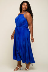 Royal Blue Pleated Sleeveless Waist Tie Plus Maxi Dress