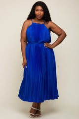 Royal Blue Pleated Sleeveless Waist Tie Plus Maxi Dress