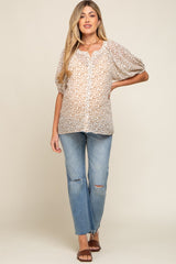 Ivory Floral Semi Sheer Puff Sleeve Maternity Blouse