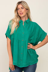 Green Button Up Contrast Stitch Short Sleeve Maternity Top