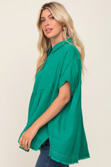 Green Button Up Contrast Stitch Short Sleeve Top